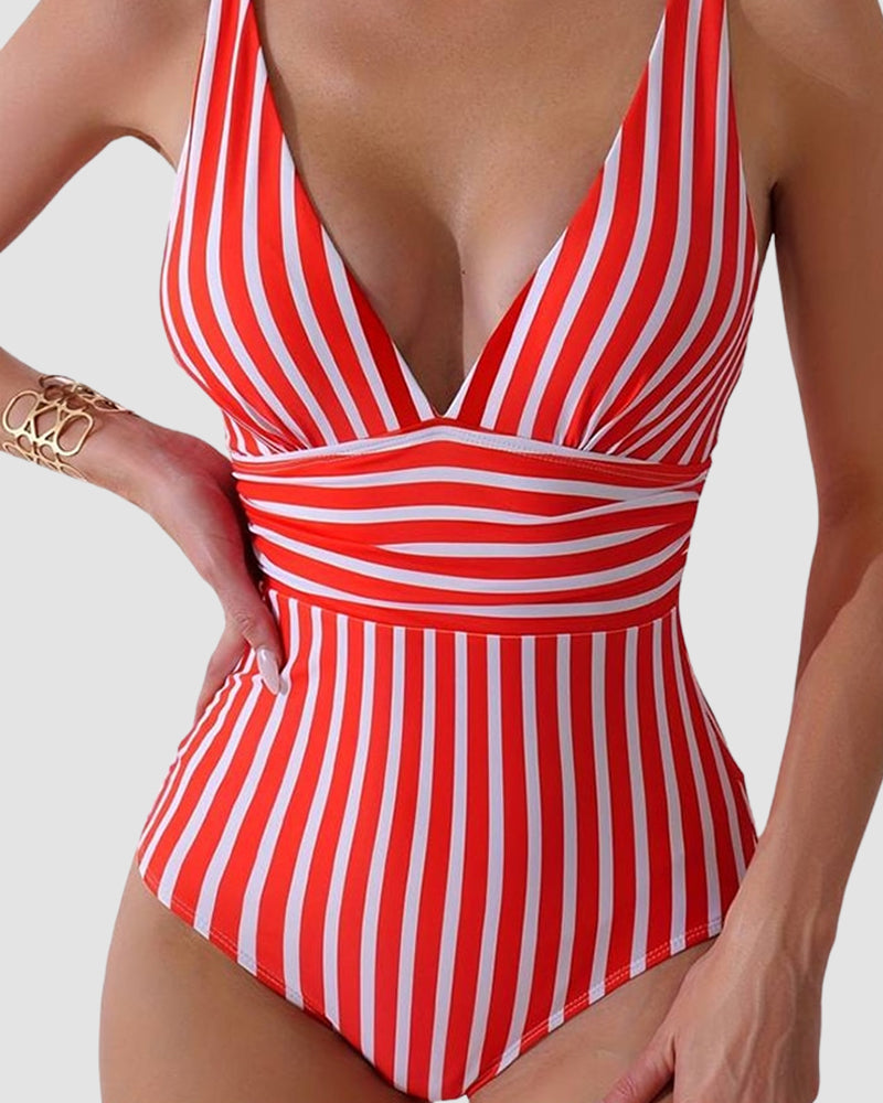 LilyLove® Striped Plunging Neck Bust Shaper One Piece Swimsuit