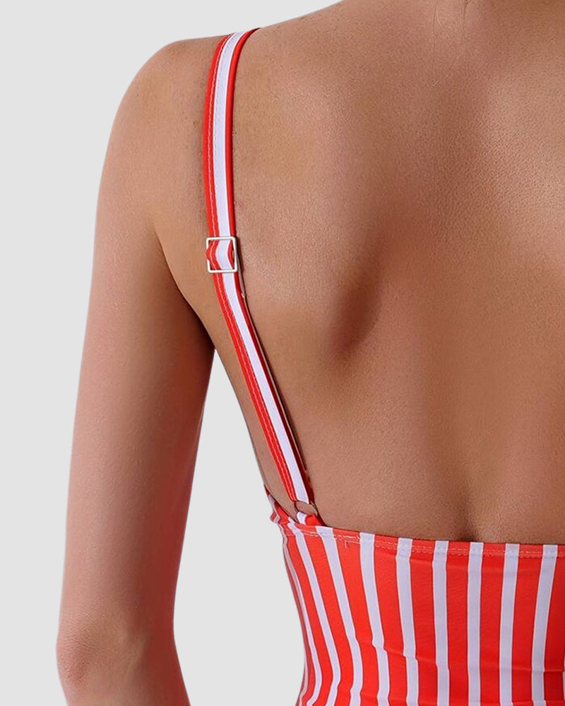 LilyLove® Striped Plunging Neck Bust Shaper One Piece Swimsuit