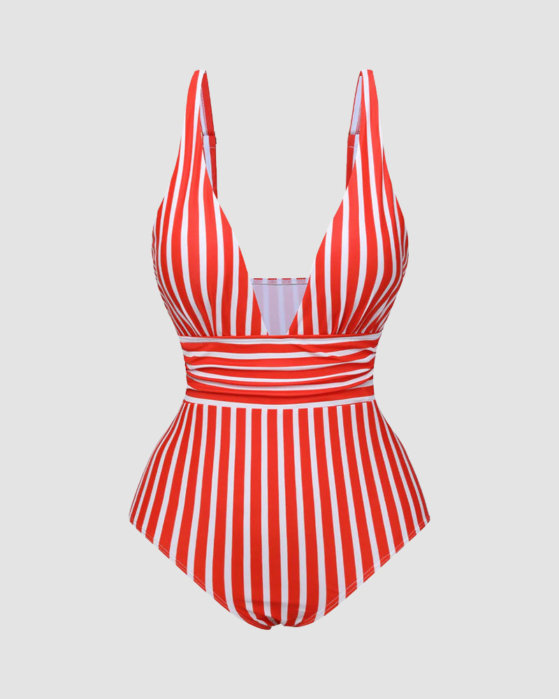 LilyLove® Striped Plunging Neck Bust Shaper One Piece Swimsuit