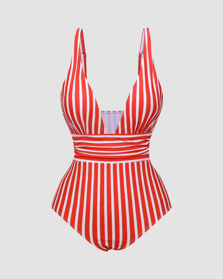 LilyLove® Striped Plunging Neck Bust Shaper One Piece Swimsuit