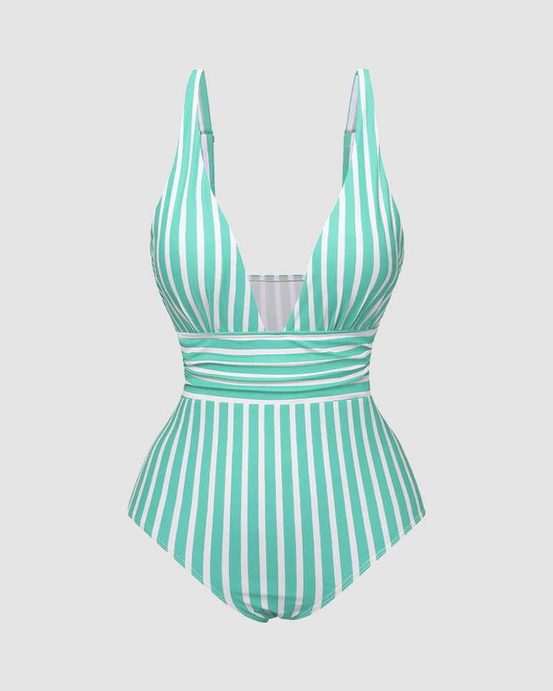 LilyLove® Striped Plunging Neck Bust Shaper One Piece Swimsuit