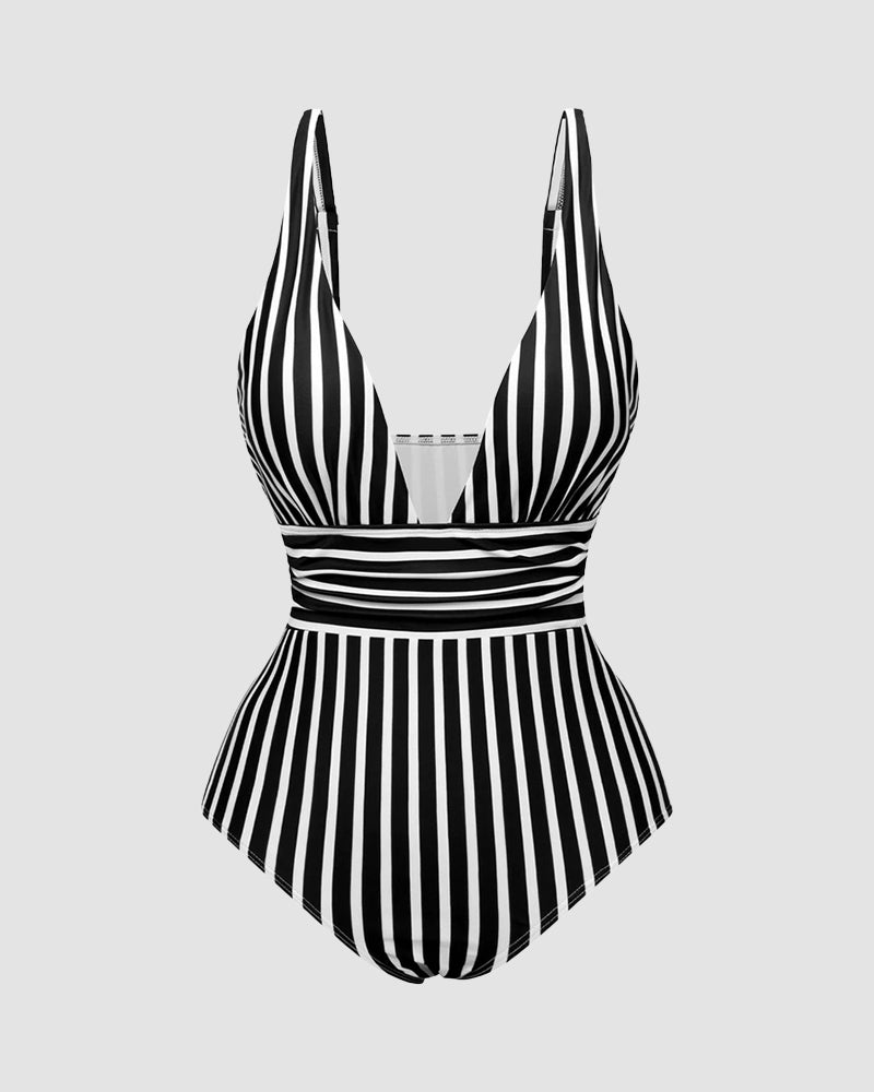 LilyLove® Striped Plunging Neck Bust Shaper One Piece Swimsuit