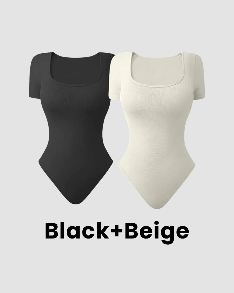 Sexy Ribbed Square Neck Thong Bodysuit (2 Pcs)