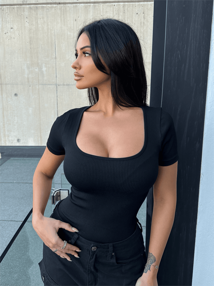 Sexy Ribbed Square Neck Thong Bodysuit (2 Pcs)