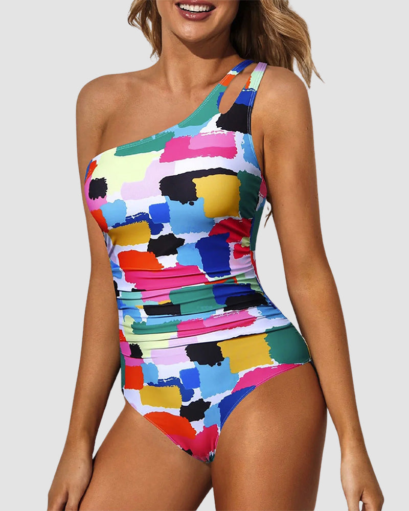 LilyLove® One Shoulder Tummy Control Patterned Back One Piece Swimsuit