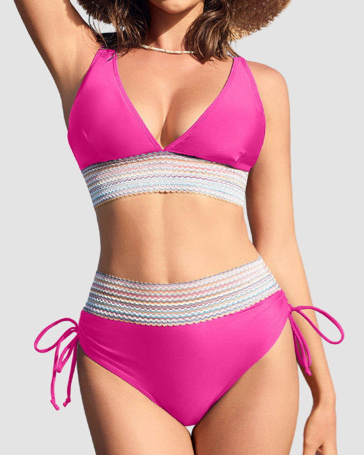 High Waisted Tummy Control Color Block Bikini Sets