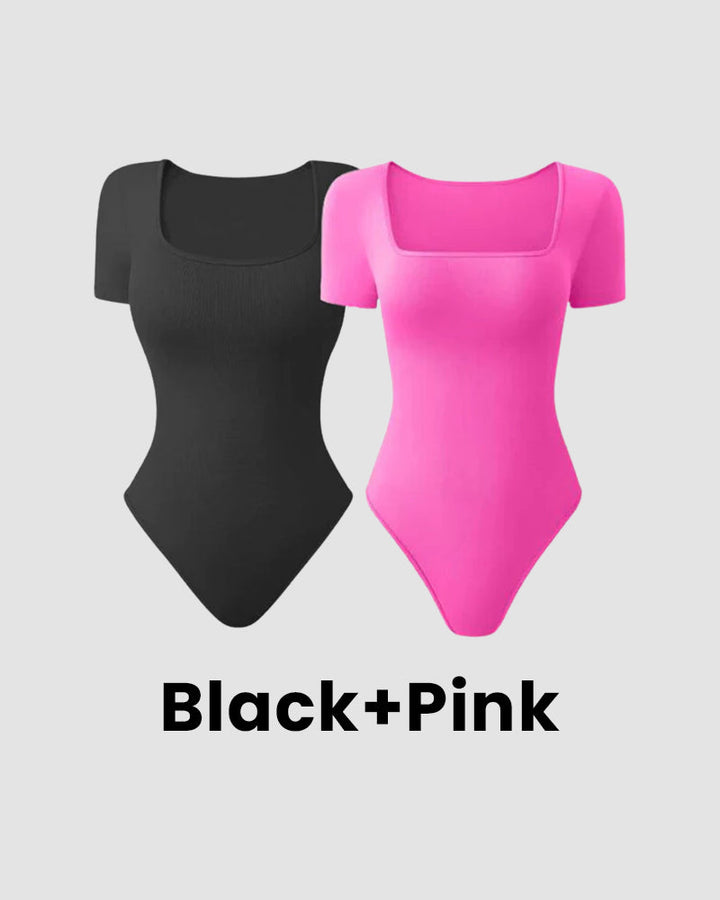 Sexy Ribbed Square Neck Thong Bodysuit (2 Pcs)
