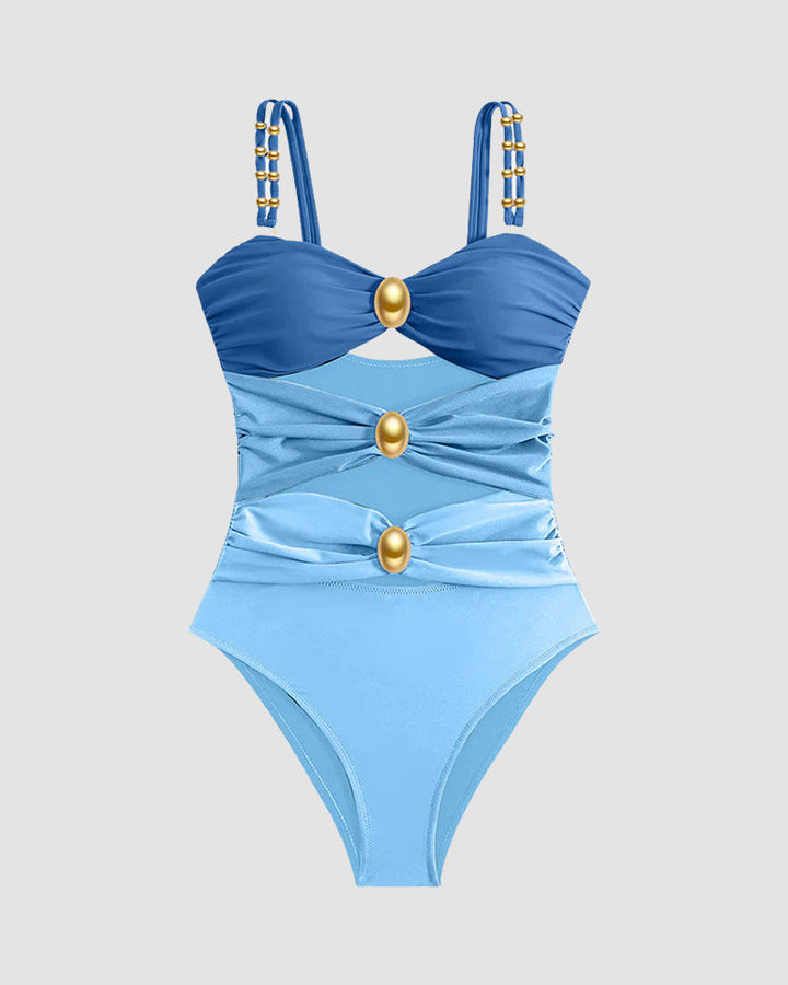 Gold Beads Detailing Cut-Out Ruched One Piece Swimsuit
