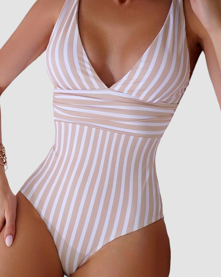 LilyLove® Striped Plunging Neck Bust Shaper One Piece Swimsuit
