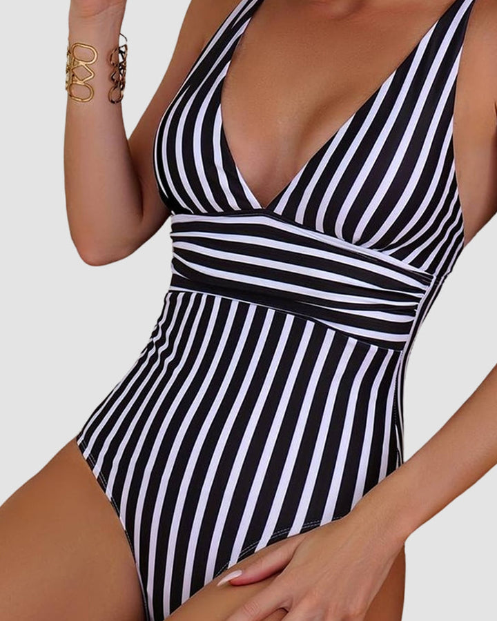 LilyLove® Striped Plunging Neck Bust Shaper One Piece Swimsuit