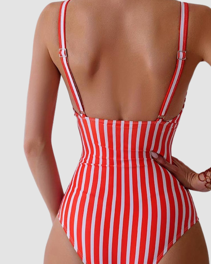 LilyLove® Striped Plunging Neck Bust Shaper One Piece Swimsuit