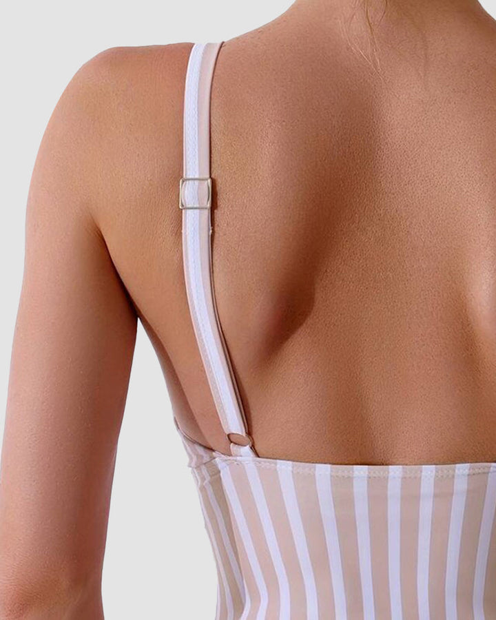 LilyLove® Striped Plunging Neck Bust Shaper One Piece Swimsuit