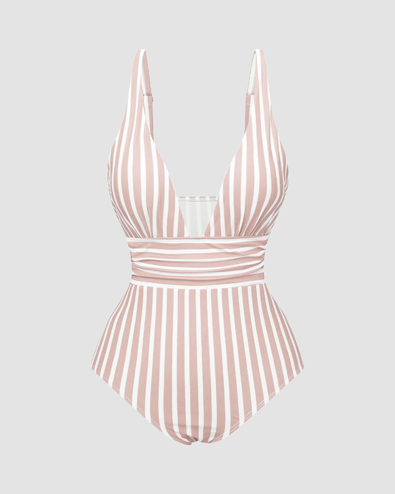 LilyLove® Striped Plunging Neck Bust Shaper One Piece Swimsuit