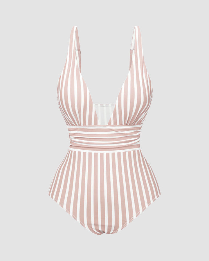 LilyLove® Striped Plunging Neck Bust Shaper One Piece Swimsuit