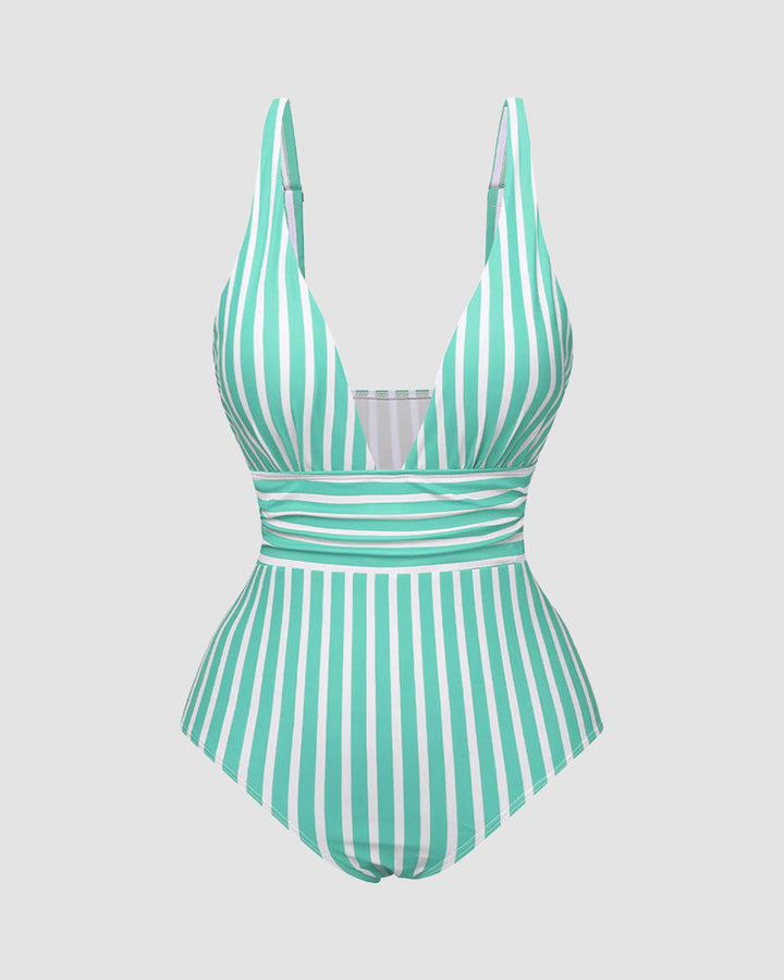 LilyLove® Striped Plunging Neck Bust Shaper One Piece Swimsuit