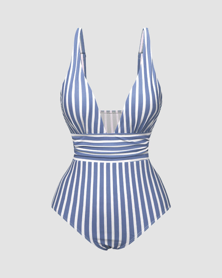 LilyLove® Striped Plunging Neck Bust Shaper One Piece Swimsuit