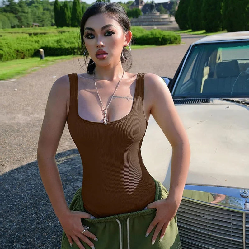 Ribbed Sleeveless Square Neck Tank Top Bodysuit