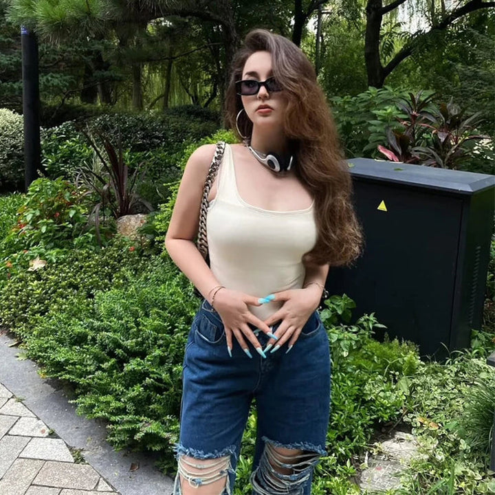 Ribbed Sleeveless Square Neck Tank Top Bodysuit