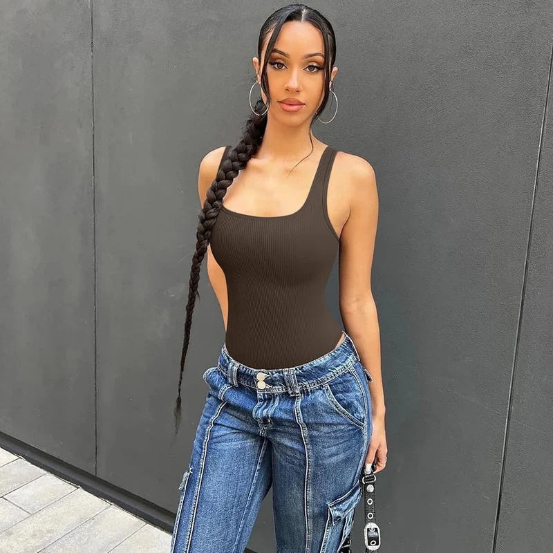 Ribbed Sleeveless Square Neck Tank Top Bodysuit